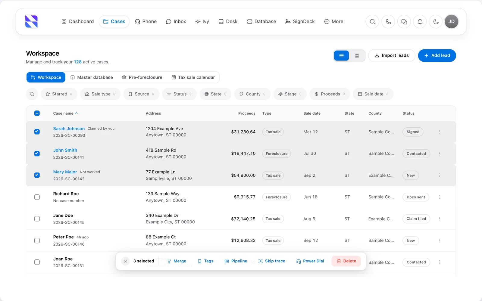Surplus Funds CRM case list showing proceeds, sale type, sale date, county and stage for each surplus funds case (light mode)