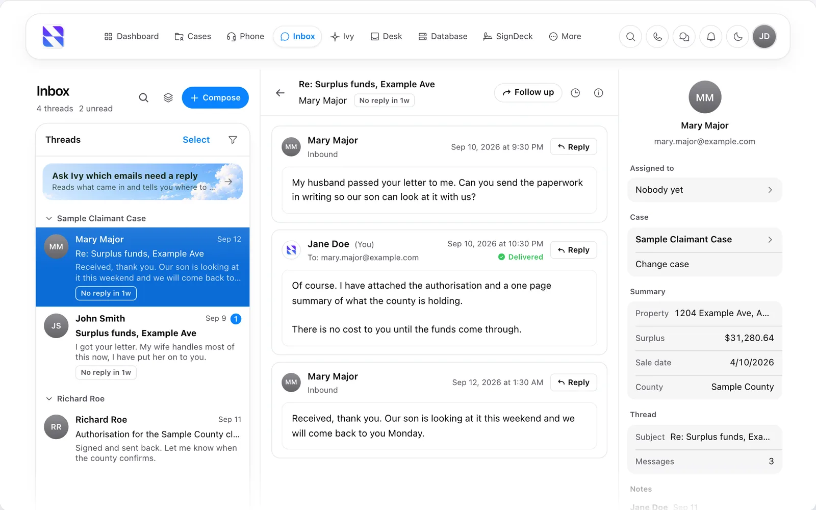Surplus Funds email inbox with an email thread grouped under a surplus funds case and the case details alongside (light mode)