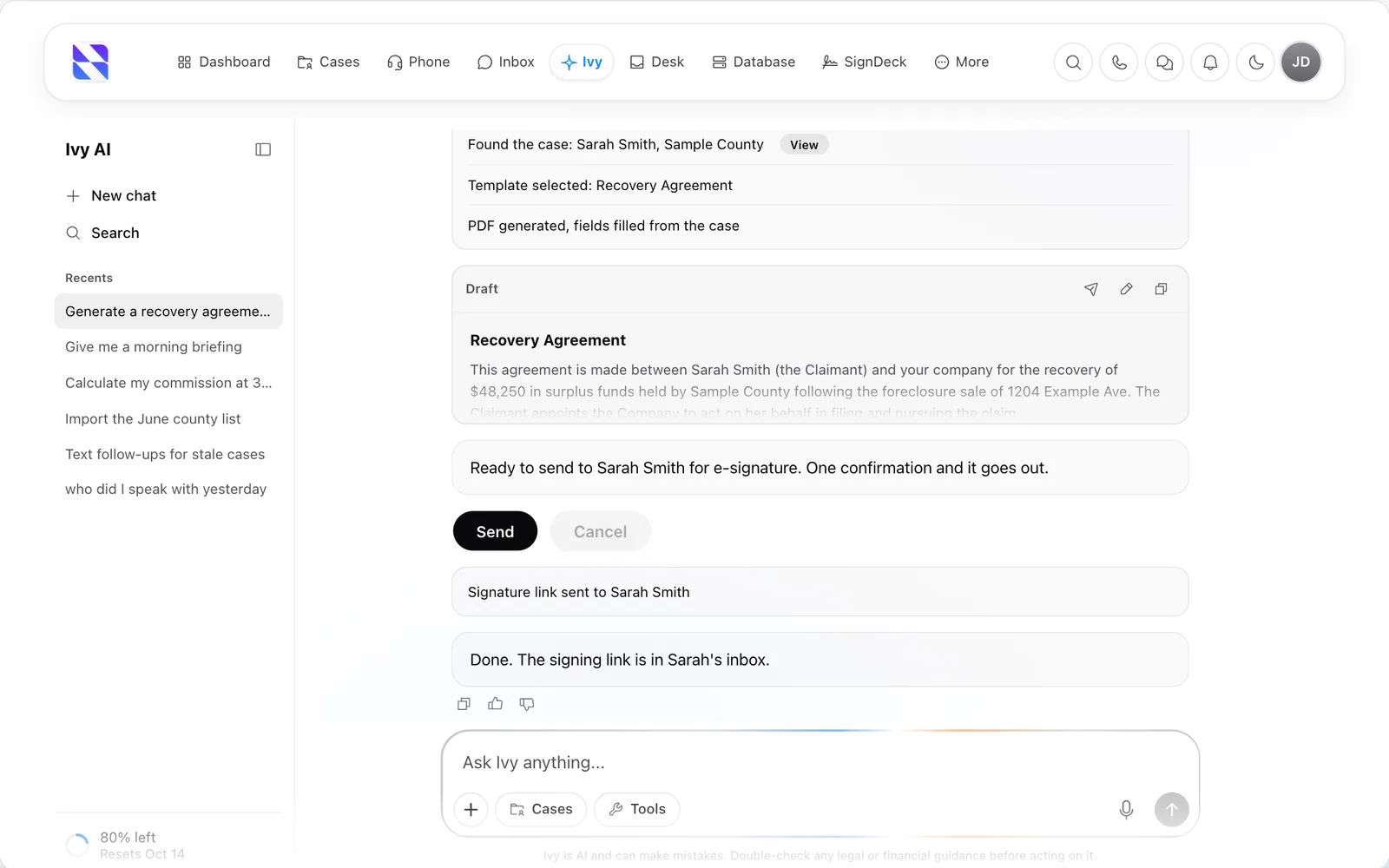 Ivy, the AI assistant in Surplus Funds, drafting a recovery agreement from a case and sending it for e-signature (light mode)