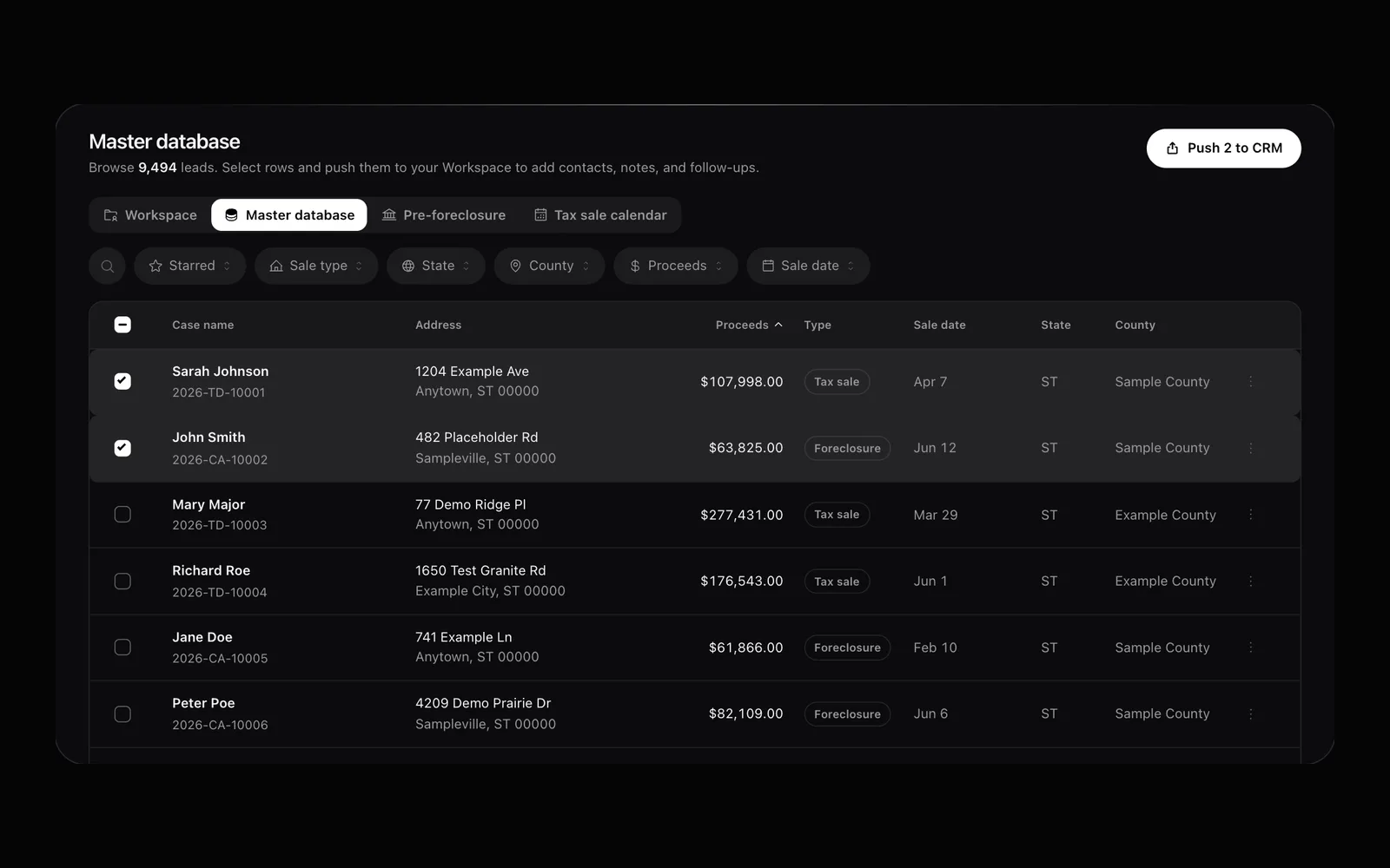 Surplus Funds master database of surplus funds leads with filters for sale type, state, county, proceeds and sale date