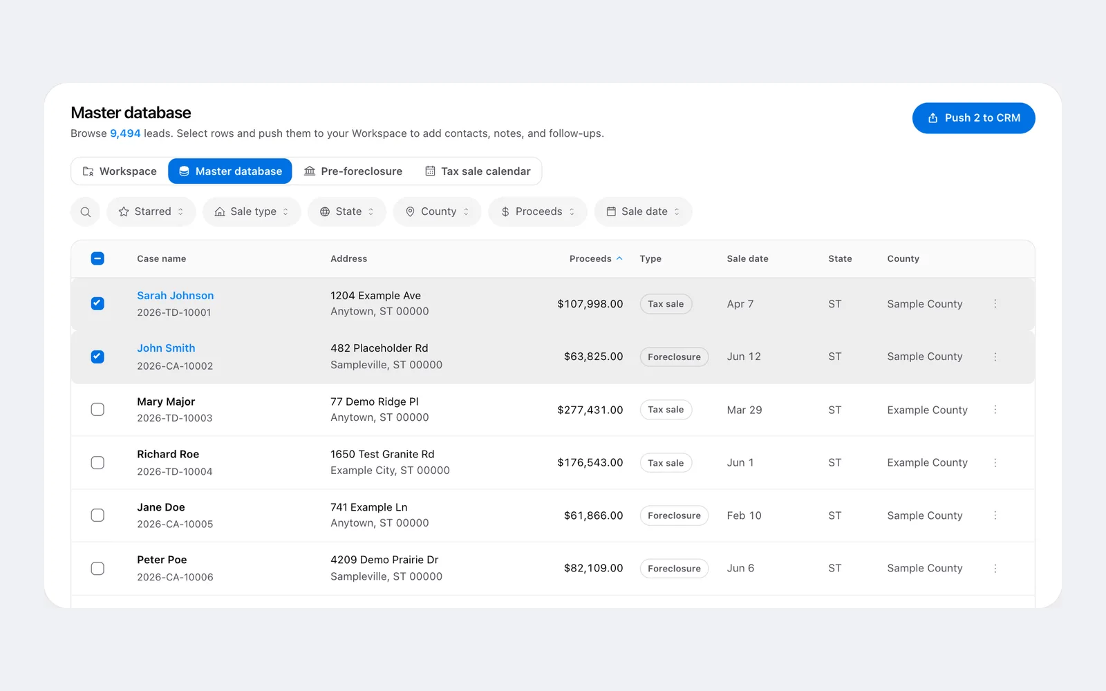 Surplus Funds master database of surplus funds leads with filters for sale type, state, county, proceeds and sale date (light mode)