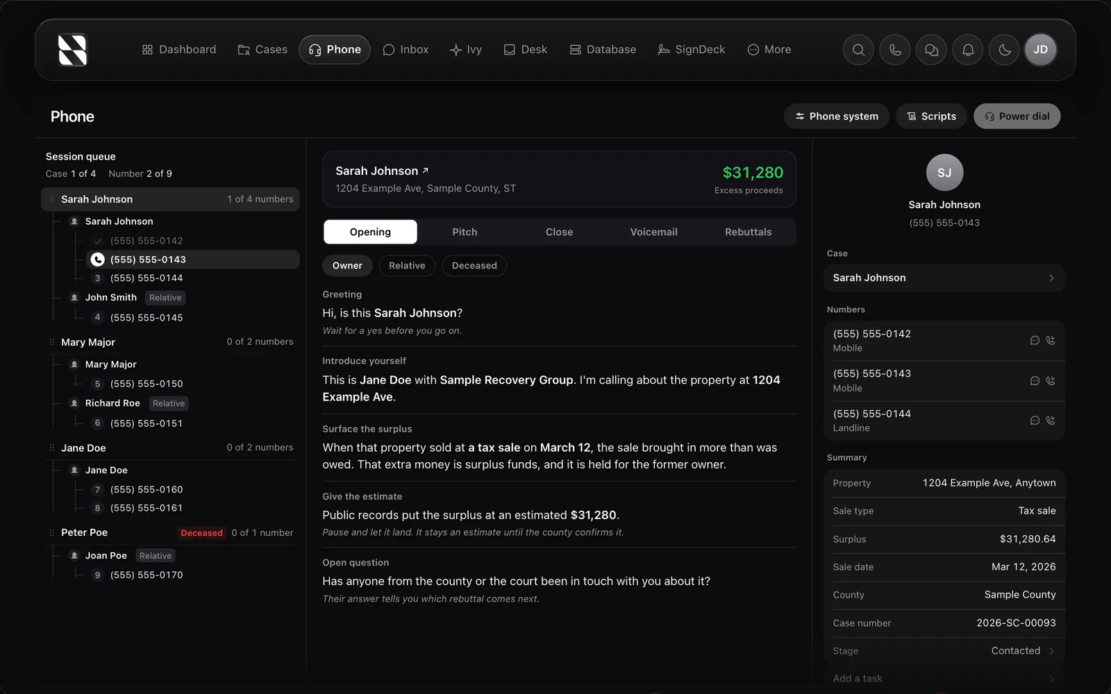 Surplus Funds power dialer with a queue of owners and relatives, a call script and the case summary