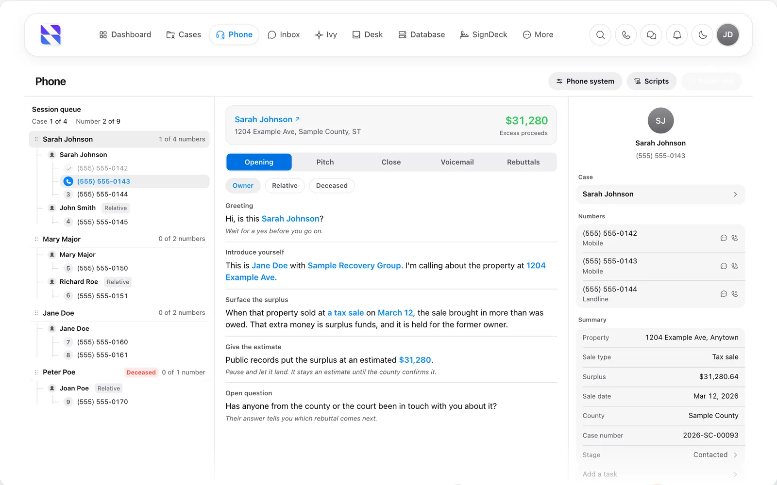 Surplus Funds power dialer with a queue of owners and relatives, a call script and the case summary (light mode)