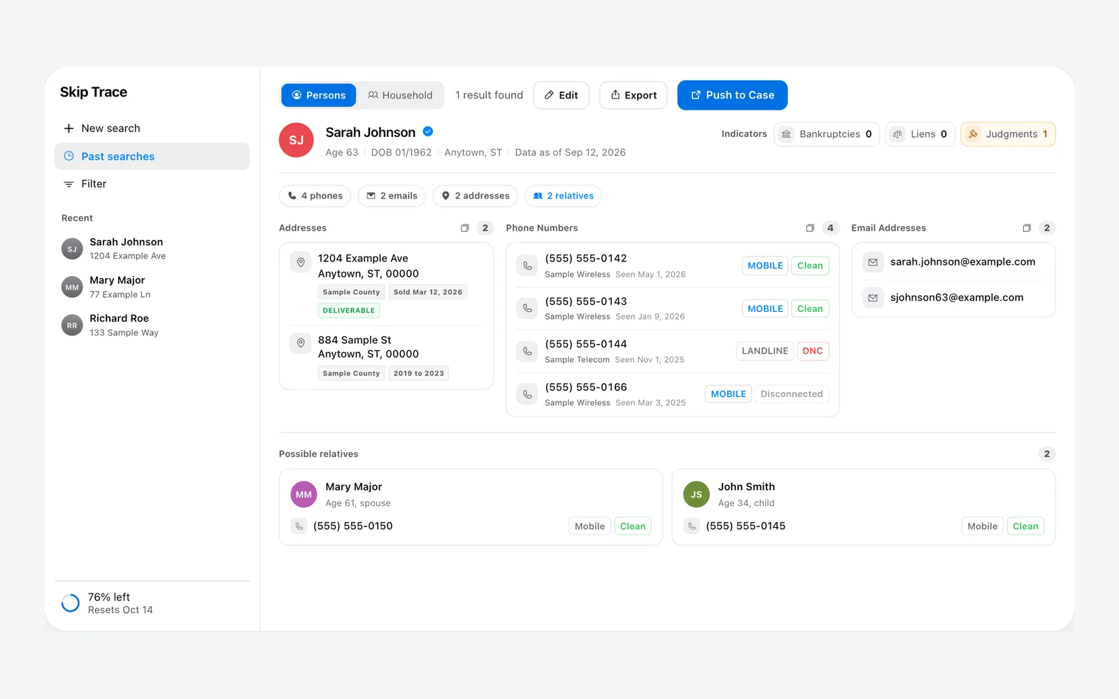 Surplus Funds skip trace result with phone numbers, email addresses, past addresses and possible relatives (light mode)