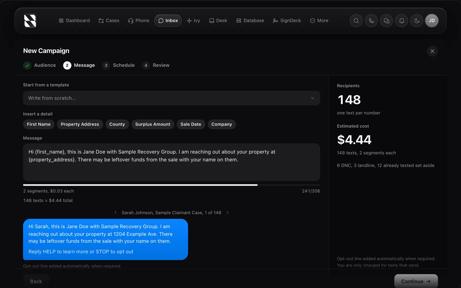 Surplus Funds text campaign builder with merge fields, a message preview, the recipient count and the estimated cost