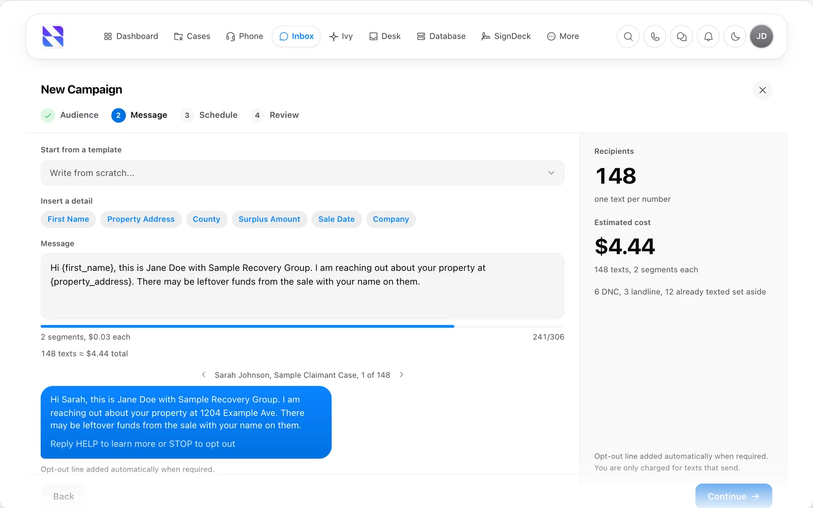 Surplus Funds text campaign builder with merge fields, a message preview, the recipient count and the estimated cost (light mode)