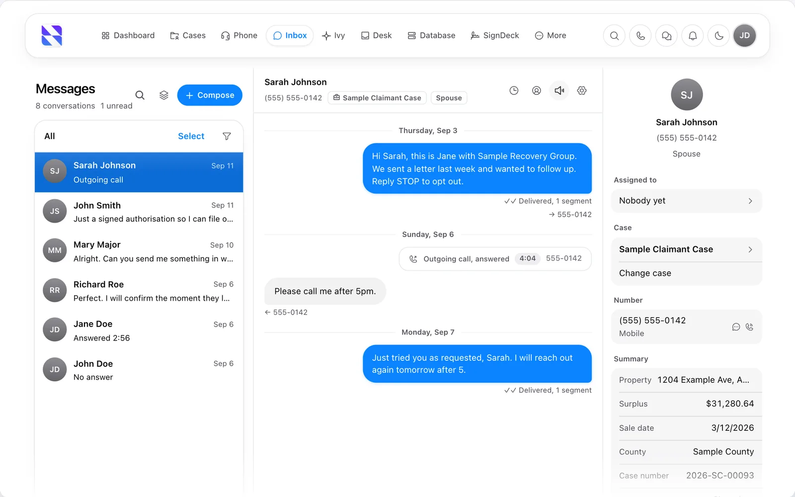 Surplus Funds SMS inbox with a text conversation and call log threaded on a surplus funds case (light mode)