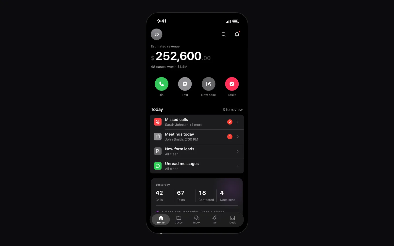 Surplus Funds mobile app home screen with estimated revenue, quick actions, today's missed calls and meetings, and an Ivy summary