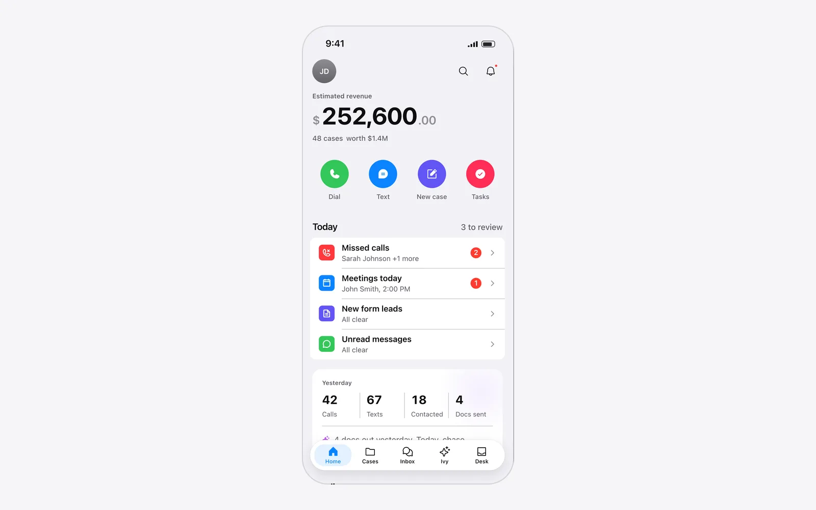 Surplus Funds mobile app home screen with estimated revenue, quick actions, today's missed calls and meetings, and an Ivy summary (light mode)
