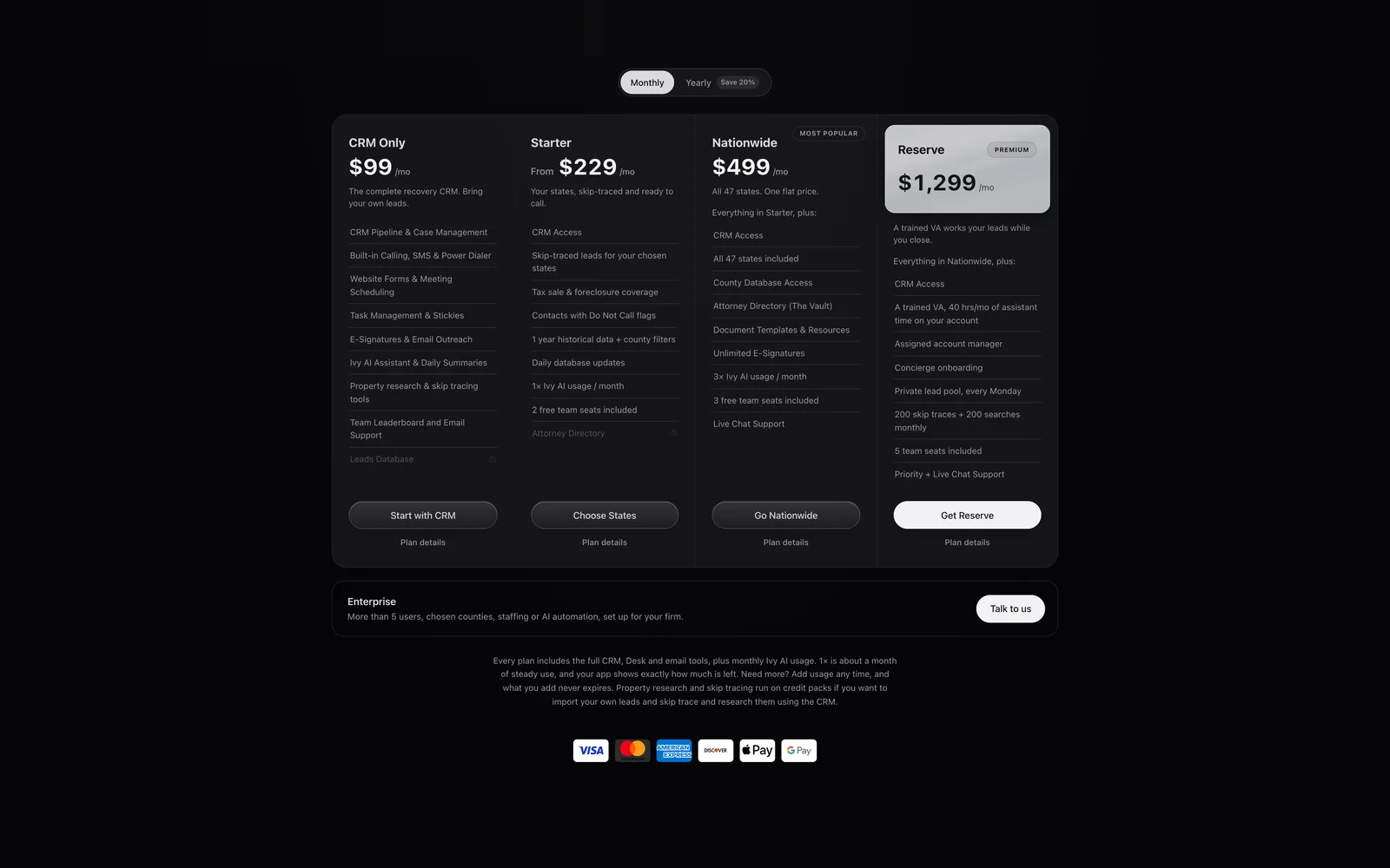 Surplus Funds pricing plans: CRM Only $99, Starter from $229, Nationwide $499 and Reserve $1,299 a month